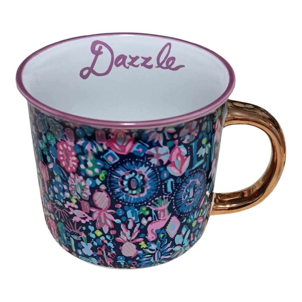 Lilly Pulitzer DAZZLE Blue and Pink Floral Flamingo Mug with Gold Handleπππ𦩠- Picture 2 of 3